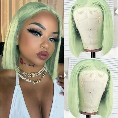 13x4 Free Part Wigs,Bleached Knots Lace Bob Wig Colored Mint Green,Full and Thick Remy Human Hair Wig Pre Plucked with Baby Hair,Straight HD Lace Front Wigs 180% Density(12Inch,Mint Green)