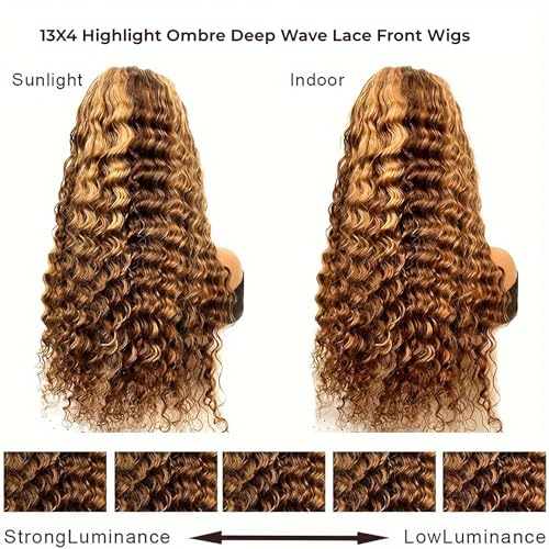 DULOVE Highlight Ombre Deep Wave Lace Front Wigs Human Hair Pre Plucked with Baby Hair Glueless 13x4 Hd Transparent Lace Front Wigs Human Hair 4/27 Honey Blonde Lace Frontal Wig 200 Density 22inch