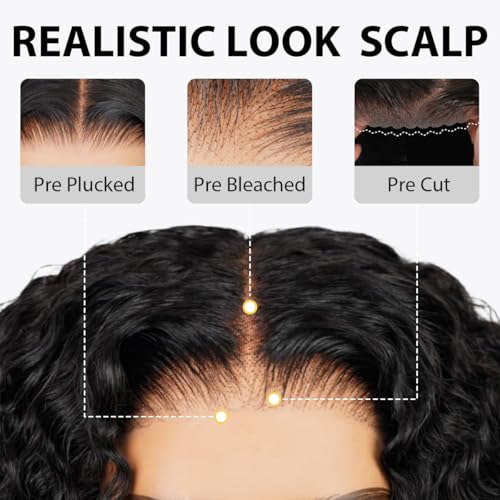 Wear and Go Glueless Wigs Human Hair Pre Plucked Pre Cut 6x4 Short Curly Bob Lace Front Wigs for Black Women Natural Hairline Water Wave Lace Front Wigs 200% Density 14 Inch