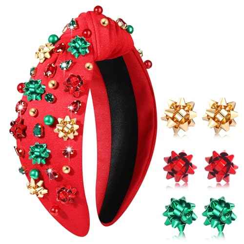 Christmas Headbands for Women Xmas Bow Tree Snowflake Headbands Jeweled Crystal Pearl Knotted Headband Holiday Hair Accessories Party Gifts (Xmas Bow 2)