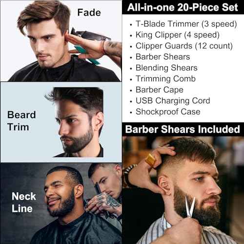 Multi-Speed Clipper Set, Gear Shifting, 20-Piece Grooming Kit for Men, T-Blade Plus King Clipper, Rechargeable Hair Trimmers, Metal Grip, Carbon Steel Blades, All-in-one Barber Set