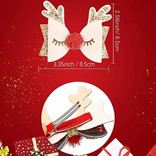 Cute Christmas Antler Girls Hair Bow Alligator Clips Glitter Red Gold Silver Pink Sequins Hair Bows Hairpin Bow Hair Bobby Pin Holiday Hair Accessories for Girls Toddler Kids Party Favor Gift (A)