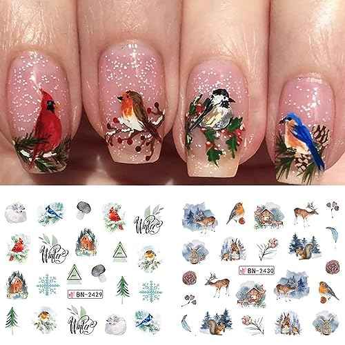 12 Sheets Christmas Nail Stickers Christmas Tree Elk Snowflake Water Transfer Nail Decals Holographic Christmas Day Nail Art Sticker Decal Nail Art Design for Women DIY Supplies Manicure Decoration