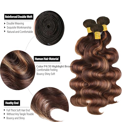 P430 Highlight Body Wave Bundles 20 22 24 Inch Human Hair Chocolate Brown and Brown Bundles Mix Two Tone Double Weft Weave Brazilian Human Hair Extensions Silky and Soft