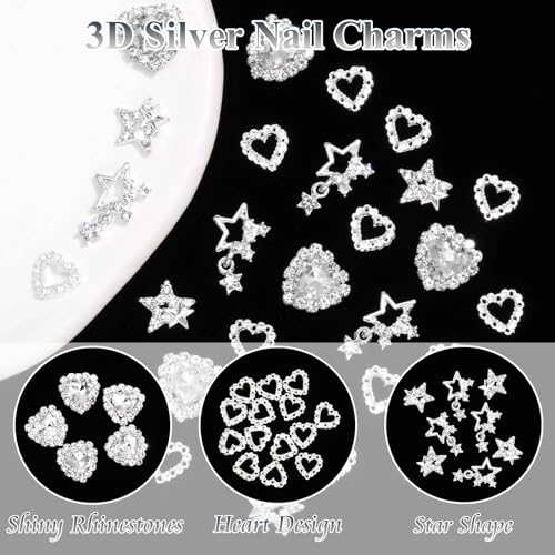 30PCS Star Nail Charms 3D Crystal Heart Nail Charms Alloy Silver Nail Charms Shiny Starlight Nail Gems and Charms Jewelry Rhinestones for Women Nail Art and DIY Crafts Decoration