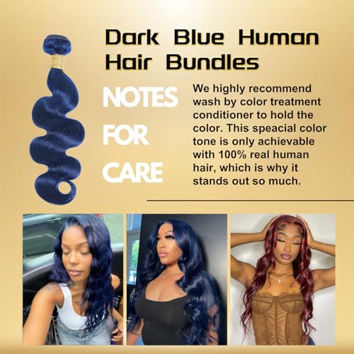 Dark Blue Body Wave Human Hair Bundles, Quick Weave Sew In Wavy 12A 100% Brazilian Virgin Hair, Soft Glossy Thick, Perfect for Quick Weave Sew-In Styles Single Bundles 22 Inch