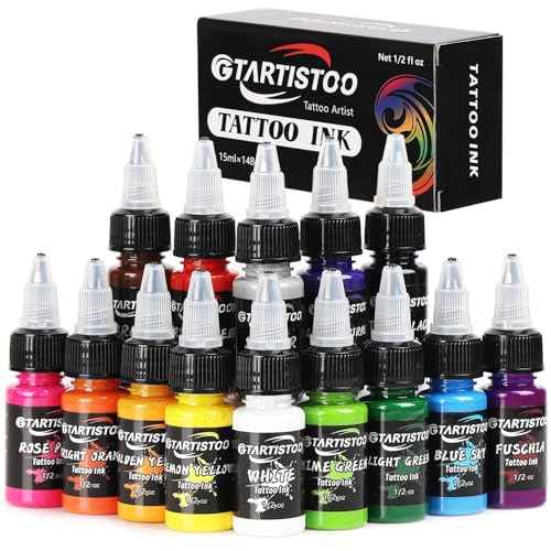 Tattoo Ink GTARTISTOO Professional Set 1/2OZ (14 Colors, 15ml) Vegan-Friendly Pigment Tattoo Ink Supplies Ink