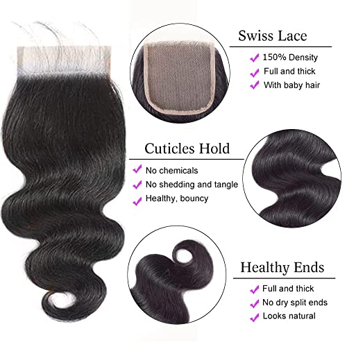 Bundles with Closure Human Hair Body Wave 100% Unprocessed Brazilian Virgin Human Hair 3 Bundles with Closure£¨14 16 18+12£©Human Hair Extensions with 4x4 Free Part Lace Closure Natural Black
