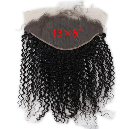 13x6 Lace Frontal Transparent Lace 100% Unprocessed Brazilian Virgin Human Hair Lace Closure Pre Plucked with Baby Hair Natural Black Color (13x6,Jerry Curl, 16 Inch)