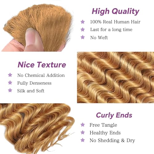 Human Braiding Hair For Boho Braids Deep Water Wave Human Bulk Hair for Braiding 12A Brazilian Virgin Human Hair Extensions for Boho Braids 3 Bundles/Pack 110g Honey Blonde 24inch