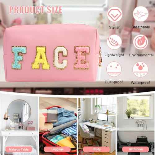 Preppy Patch Makeup Bag Chenille Letter Cosmetic Pouch, Waterproof Zipper Skincare Toiletry Travel Organizer For Women Girls, Cute Aesthetic Trendy Clutch Stuff Gifts (Black-Skin)