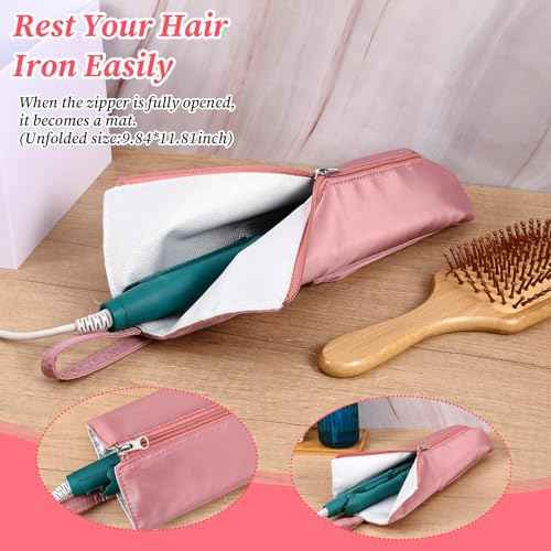 Hot Iron Holder Hot Tools Organizer Heat Resistant Mat Case Portable Hair Styling Tools Cover Pouch Hair Straightener Travel Bag with Zip for Curling Flat Iron Home Travel Pink