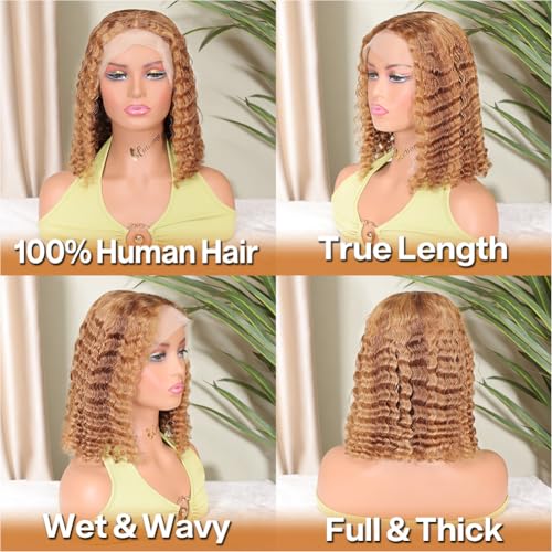 Curly Bob Wig Human Hair Deep Wave 13x4 HD Lace Front Wigs For Black Women Human Hair Pre Plucked Wear And Go Glueless Short Wet And Wavy Ombre Honey Blonde Highlight Color 4/27 12 Inch