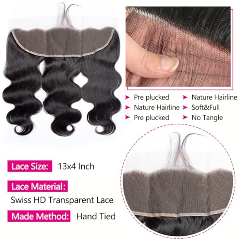 12A Human Hair Bundles with Frontal 10 12 14 with 10 Inch Brazilian Body Wave 3 Bundles Human Hair with 13x4 HD Lace Frontal Closure 100% Unprocessed Virgin Human Hair Weave