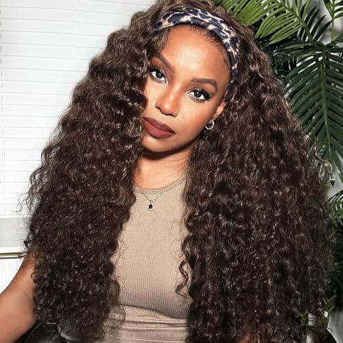 Headband Wig Human Hair Deep Wave Half Wigs Glueless None Lace Front Wigs with Headband Attached Brazilian Human Hair Headband Wigs Glueless Curly Hair for Black Women(22 Inch, Chocolate Brown)