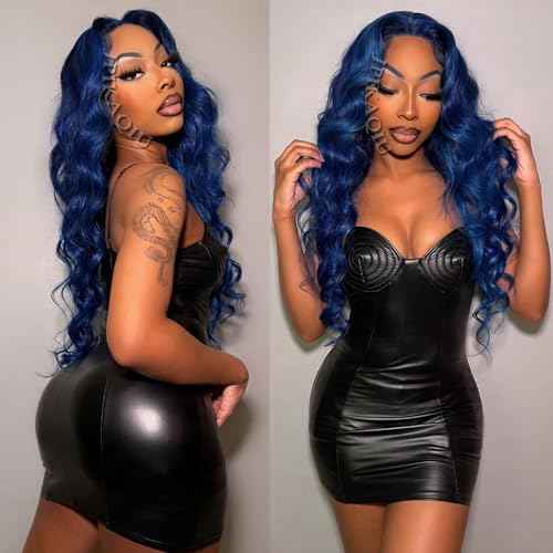 24 Inch Dark Blue Wig Blue Lace Front Wig Pre Plucked Long Body Wave 13x4 HD Lace Wig Glueless Navy Blue Colored Synthetic Lace Front Wigs For Fashion Women