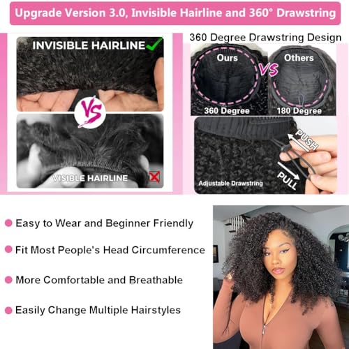Kinky Curly Half Wig Human Hair Wear Go Glueless Wigs 16 Inch Curly 3 In 1 Half Wigs for Black Women Drawstring Seamless Flip Headband Wig Human Hair Beginner Friendly