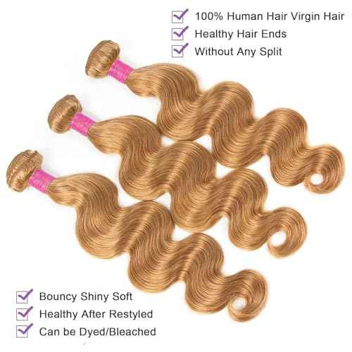 Vallbest Honey Blonde Bundles Human Hair #27 Body Wave Bundles 16 18 20 Inch 3 Bundles 100% Unprocessed Brazilian Virgin Hair 12A Virgin Raw Remy Weave Human Hair Extensions for Women