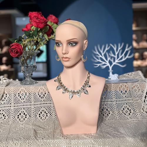 Realistic Female Mannequin Head with Shoulders for Wigs Earrings Hats Display,Glam Half Body Mannequin Head Wig Head Stand JF-DP496-YH1