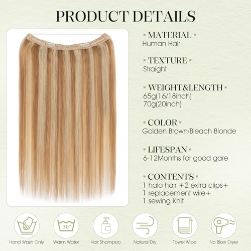 S-noilite Invisible Halo Hair Extensions Real Human Hair,20Inch Golden Brown mix Bleach Blonde Human Halo Extensions with 2clips Adjustable Fish Line One Piece HairExtensions For Women 70g