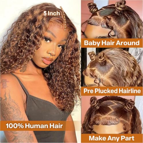 Highlight 5x5 HD Lace Closure Wigs Human Hair Deep Wave P4/27 Ombre Lace Closure Wig for Black Women 180 Density Honey Blonde Closure Wigs Pre Plucked Glueless 24 Inch