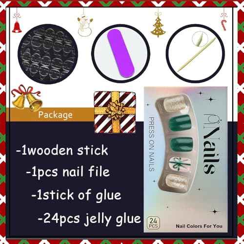 Christmas Press on Nails Short Square Fake Nails with Gold Glitter Design Gift Knot Full Cover Xmas Nails Artificial Green False Nail Glossy Christmas Glue on Nails for Women Girl DIY Acrylic Manicure