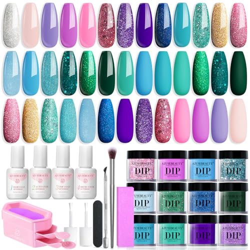 AZUREBEAUTY 31 Pcs Dip Powder Nail Kit Starter 20 Colors Glitter Nude Green Mermaid Serie Dip Powders Liquid Set with Base Top Coat Activator French Nails Art Manicure DIY Salon Christmas Gift