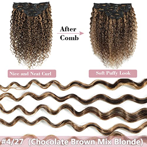 Urbeauty Curly Clip in Extensions Remy Human Hair Brown Highlight Blonde Natural Wavy Hair Extensions 18 Inch 120g Triple Weft Clip in Hair Extensions Full Head Kinky Curly Human Hair 4/27