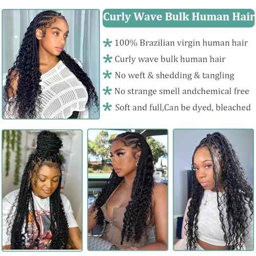 Curly Wave Bulk Human Hair For Braiding No Weft Unprocessed Brazilian Virgin Human Hair Extensions Wet And Wavy Micro Braiding Hair Human Hair Bundles For Boho Braids Natural Color(22inch 2pack/100g)