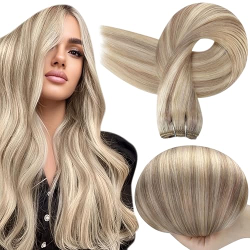 Full Shine Weft Hair Extensions Ash Blonde Hair Wefts Human Hair Sew in Blonde Highlight Human Hair Weft Extensions Full Ends Double Weft Remy Hair Extensions 20 Inch 105g #18/613