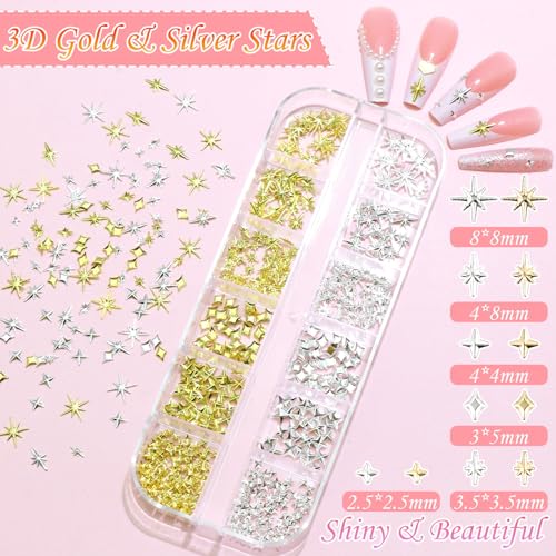 BELICEY 2 Boxes 3D Star Nail Charms Mix Gold Silver Star Cross Charms for Nails Beige White Flatback Pearls for Nails Metal Nail Studs Charms and Gems for DIY Nail Art Supplies Accessories Crafts