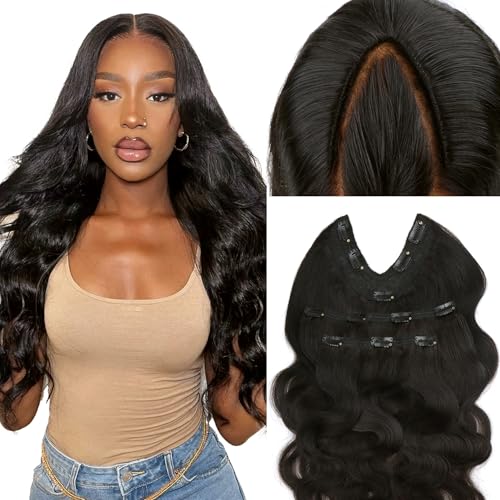 Lashey V Shape Invisible Clip in & Lace Clip in Hair Extensions Human Hair, 14 Inch 110g Set (1 V-Shaped + 2pcs Lace Clip ins), Natural Black Body Wave No Leave Out Hair Extension for Women