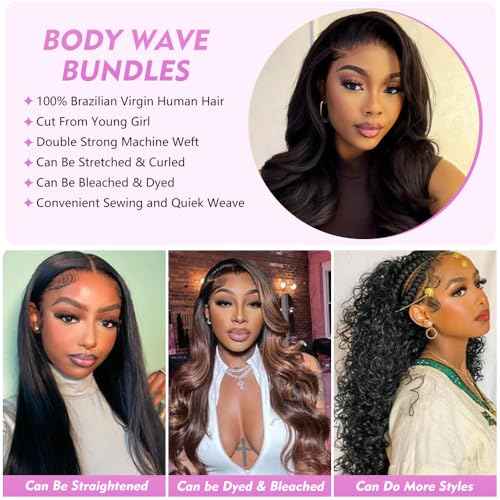 Body Wave Bundles Human Hair 14 16 18 20 Inch Human Hair Bundles 100% Unprocessed Brazilian Virgin Quick Weave 4 Bundle Human Hair Extensions for Black Women Natural Color