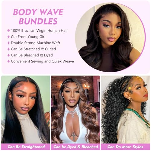 Body Wave Bundles Human Hair 16 18 20 22 Inch Human Hair Bundles 100% Unprocessed Brazilian Virgin Quick Weave 4 Bundle Human Hair Extensions for Black Women Natural Color