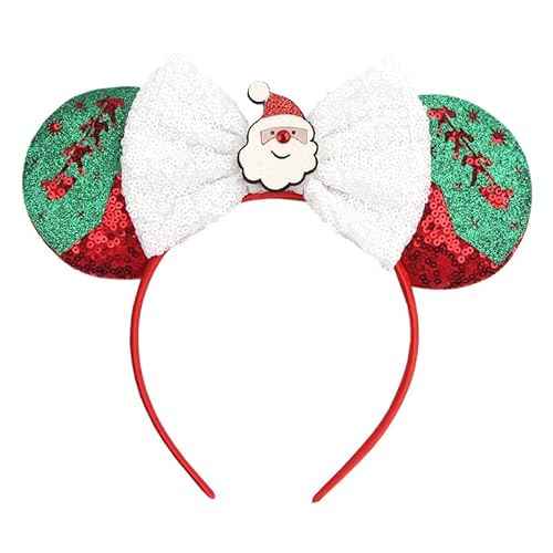 Christmas Mouse Ears Hair Band Bow Headbands Xmas Headwear, Santa Claus Hair Hoop Princess Head Bopper Cosplay Costume Tiara (Red Green White)