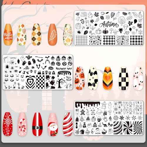 Whaline 6Pcs All Holiday Nail Art Plates Valentines StampTemplates Set Winter Christmas Fall Nail Plates Stamping for Xmas DIY Print Manicure Salon Design Gift