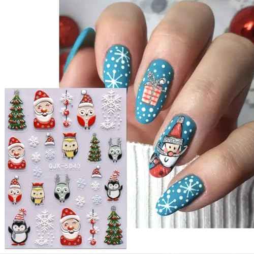 Christmas Nail Art Stickers White Snowflake 5D Embossed Nail Decals for DIY or Nail Salon, Self-Adhesive Santa Claus Xmas Tree Green Dwarf Design Acrylic Stickers Nail Art Supplies for Women Decor