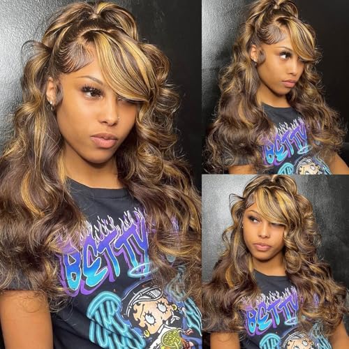 Ombre Human Hair Bundles P4/27 Body Wave Bundles Human Hair Highlight Brown 3 Bundles 10 12 14 Inches 100% Unprocessed Brazilian Virgin Weave Human Hair Extensions
