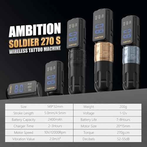 Ambition Soldier 270 S Wireless Tattoo Pen Machine, Rotary Tattoo Gun with 2400 mAh Battery, 270 g.cm Torque Brushless Motor, 5.0mm Stroke Cordless Tattoo Supply for Professional Artists