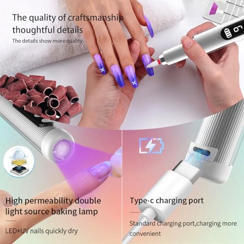 Electric Nail Drill Kit with U V Nail Lamp,Portable Cordless Electric Nail File with Display Screen,9 Speeds Professional Manicure Pedicure Polishing 12-in-1 Nail Drill Kit for Home and Salon Use