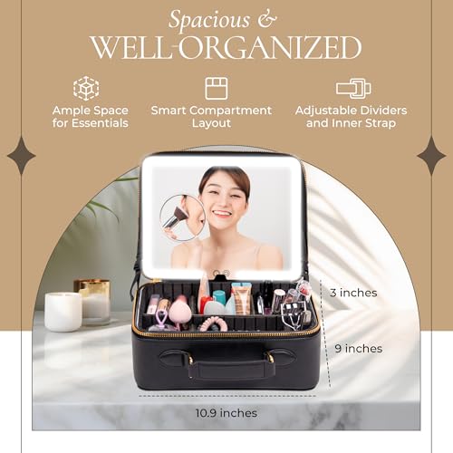 BAREZ Premium PU Leather Makeup Bag With LED Mirror - 3 Brightness Mirror Light Settings - Adjustable Dividers - Removable Mirror Waterproof Cosmetic Travel Bag (Black)