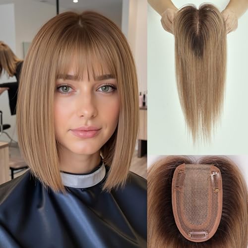 starluck Hair Toppers for Women Real Human Hair with Bangs 4.5"*5.5"Large Base 10 Inch 100% Real Human HairToppers for Women with ThinningHair(ombre Light Brown)