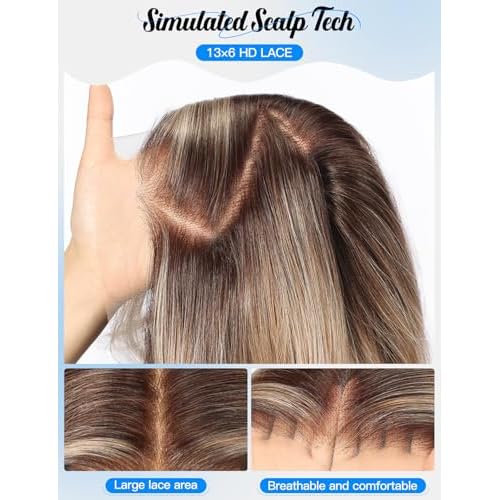 HAIRCUBE 13¡¿6 Glueless Lace Front Wavy Wig, 26 Inch Lace Synthetic Wigs for Women Brown Highlights Color