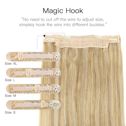 HOTBANANA Wire Hair Extensions, 18 inch 95g Light Blonde Highlighted Golden Blonde (Ash Tone) Fish Line Real Human Hair Straight Invisible Remy Hair Extensions