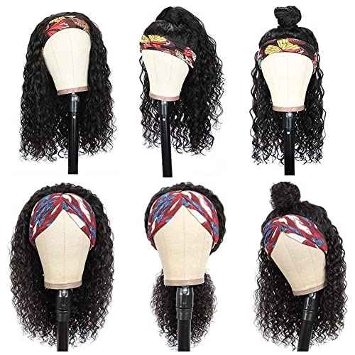 Water Wave Headband Wig Human Hair for Black Women 14 Inch Wet and Wave Headband Wig Brazilian Virgin Hair Glueless None Lace Front Water Wave Wigs Human Hair Natural Black 150% Density