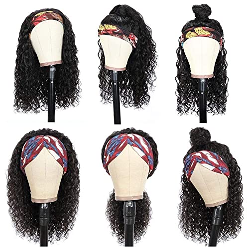 Water Wave Headband Wig Human Hair for Black Women - 20 Inch Brazilian Virgin Hair Glueless None Lace Front Wig - Natural Black 150% Density