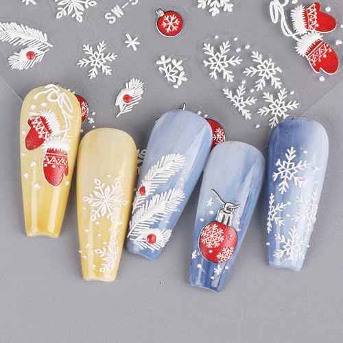 Christmas Nail Stickers Snowflake Nail Decals 5D Exquisite Embossed Nail Art Supplies Christmas Bells Gloves Feather Design Self-Adhesive Nail Art Stickers Xmas Nail Decoration for Women, 3 Sheets