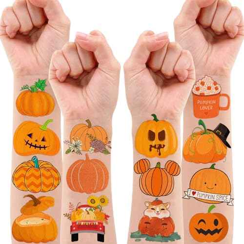 Cute Pumpkin Temporary Tattoos 10 Sheets 100 PCS Fall Pumpkin Party Decorations Favors Supplies Fall Theme Birthday Stickers Halloween Gifts for Boys Girls Kids Class School Prizes Carnival Christmas