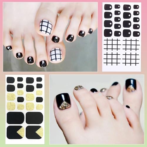 DANNEASY 20 Sheets Toe Nail Stickers Full Nail Wraps - Black, Toenails Polish Strips Self Adhesive Toenail Polish Stickers Gel Strips Manicure Sticker Nails for Women with File, Cuticle Stick