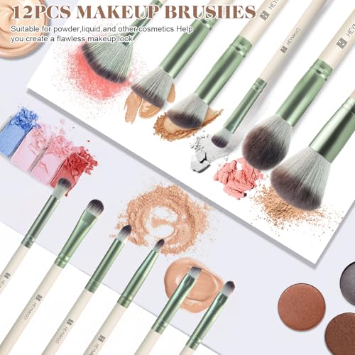HEYMKGO Makeup Brushes, 12 Pcs Professional Makeup Brush Set Premium Synthetic Foundation Powder Blush Concealer Blending Eyeshadow Lip Eyebrow Make Up Brushes Kit with Travel Bag